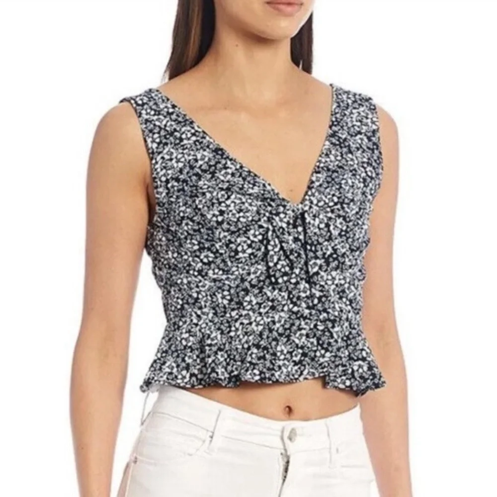 Gianni Bini‎ Floral Tie Front Peplum Top Navy White Sleeveless Size 12